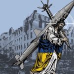 Jesus mit Ukraine-Fahne als Umhang trägt Rakete