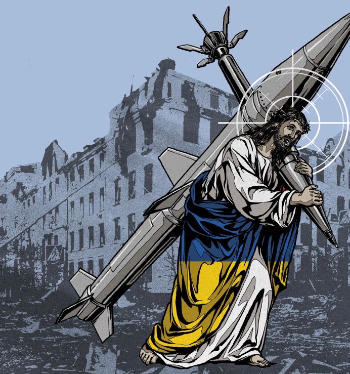 Jesus mit Ukraine-Fahne als Umhang trägt Rakete