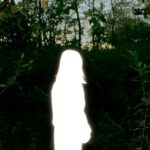 Schemenhaft sind Pflanzen in der Dunkelheit zu erkennen, in der Bildmitte eine Frauengestalt, allerdings ganz weiss reflektierend.