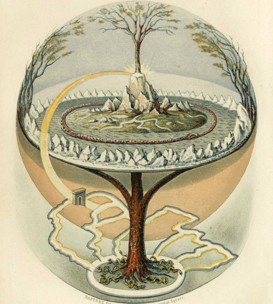 Ein Stich, der den Weltenbaum Yggdrasil zeigt. Es gibt zwei Ebenen im Bild. Auf der mittleren ist die Erde mit Eismeer und Midgardschlange abgebildet. Unter der «Platte» der Welt geht der Baum aber weiter. An den Wurzeln knabbern Schlangen, und es führen verschiedene Höhlengänge zu den Wurzeln. Die obere und die untere Ebene werden durch Bifröst, die Regenbogenbrücke, verbunden.